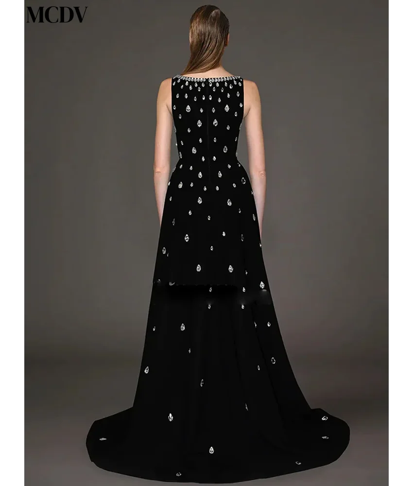 Aangepaste luxe jersey a-lijn kristallen avondjurk temperament vierkante hals mouwloos vloerlengte feestjurken aangepast formaat