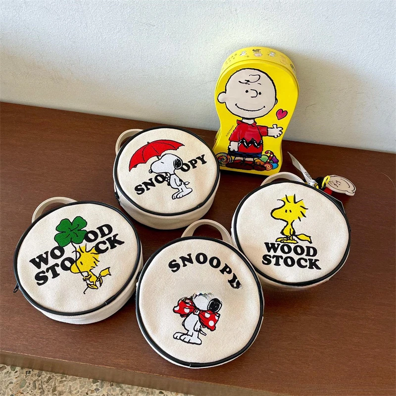 Anime Figure New Snoopy Cartoon Small Round Handbag Canvas Waist Bag Fashionable and Creative Cute Shoulder Bag Trendy gift 15cm