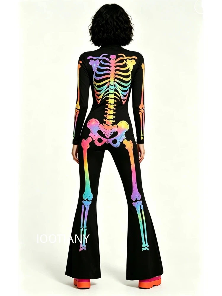 Damen-Jumpsuit mit ausgestellten Schlaghosenbeinen, geometrischem Schmetterlings-Skelett-Muster, figurbetont, Catsuit, Festival-, Rave-, Halloween-Cosplay-Outfit – Detail 35
