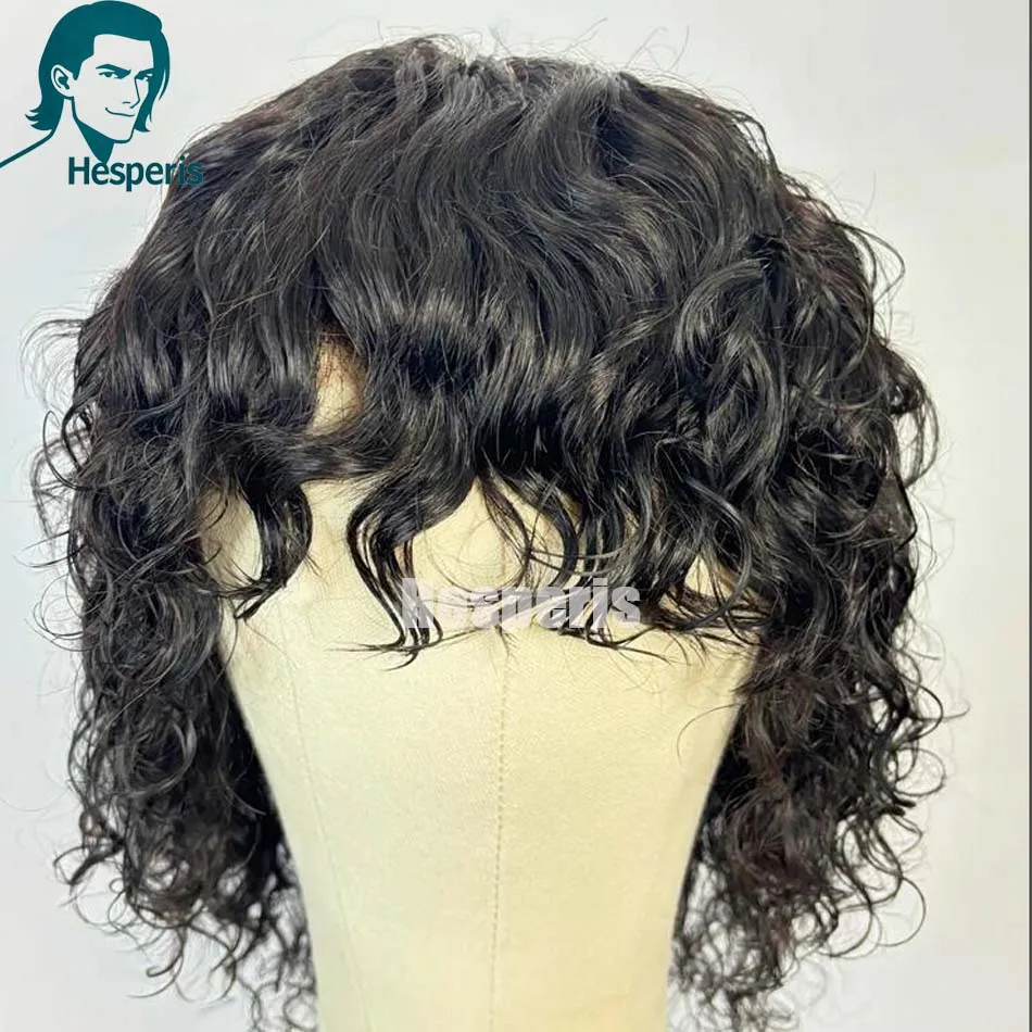 Hesperis شعر بشري مجعد الباروكات مع الانفجارات البرازيلي ريمي الحرير العلوي آلة كاملة صنع شعر مستعار للرجال شعر مستعار قصير مجعد للذكور #2