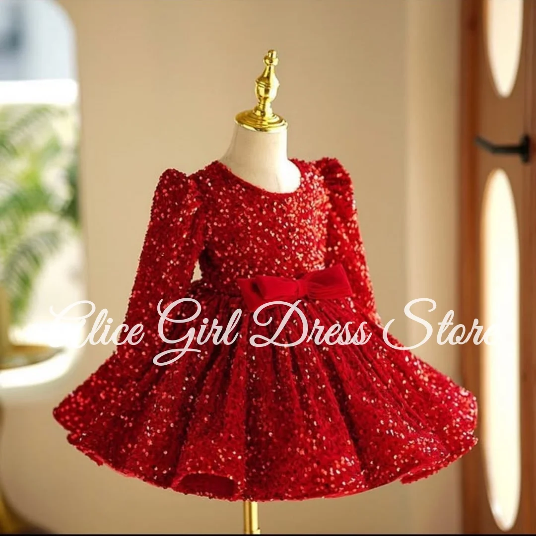 فساتين فتاة الزهور الحمراء المخصصة لحفلات الزفاف مع الأقواس اللامعة والترتر بطول الركبة أول مناولة للأطفال فساتين حفلات أعياد الميلاد