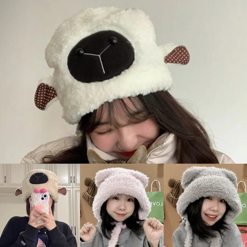 

Cute Little Bear Plush Hat for Women in spring Winter Cycling Keep Warm Ear Protection Thickened Versatile Girl's Lei Feng Hat