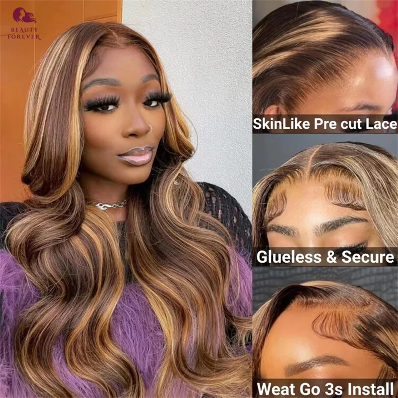 Ombre Honey Blonde Glueless Human Hair Wig  Body Wave PrePlucked Wear Go Lace Wig Body Wave Brazilian Lace Front Human Hair Wig