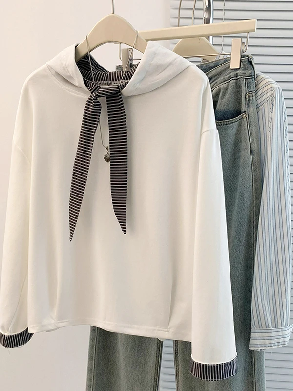 

Корейская толстовка больших размеров, женская футболка в полоску в стиле пэчворк, художественная повседневная длинная светящаяся зимняя мода, антивозрастная