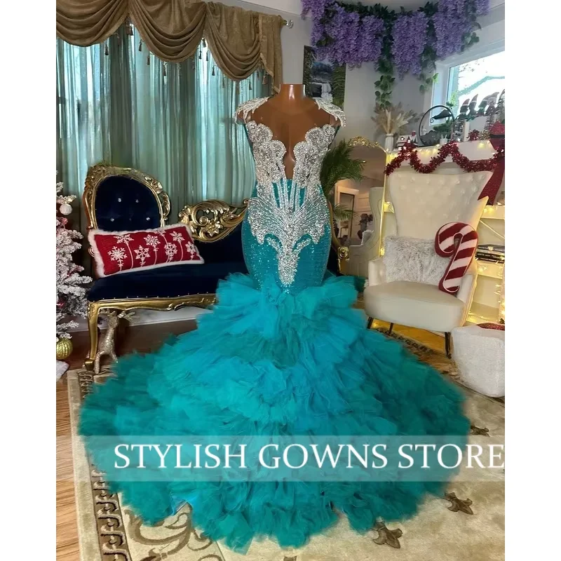 

Crystal Beaded Tiered Mermaid Prom Dresses Long for Women 2025 Ruffle Diamond Formal Evening Gowns Customized