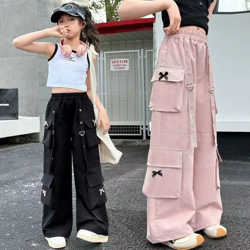 Girl High Fashion Hip Hop Trousers High Quality Kids Pink Black Cargo Pants with Side Pocket for Tweens Child Street Trackpants