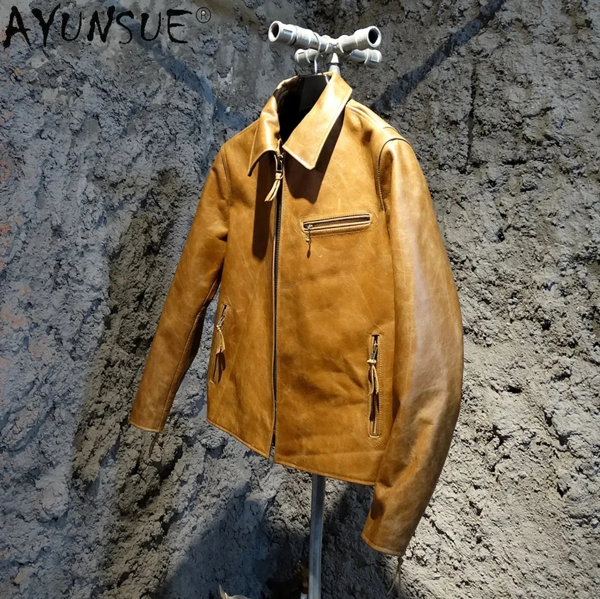 AYUNSUE 2024 Vintage Genuine Leather Jacket Men Spring 100% Cowhide Coat Plus Size Mens Jackets Chaquetas Hombre