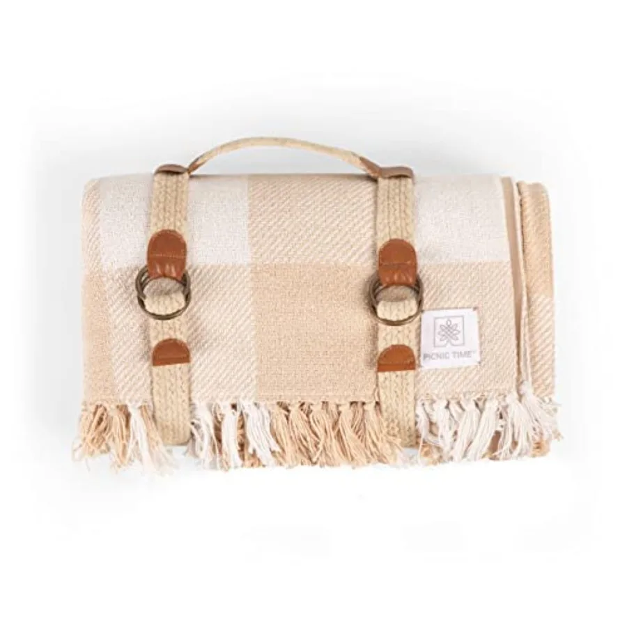 

Outdoor picnic blanket for camping travel, woven cotton top with water-resistant poly duck backing, beige gingham, sandproof, 6