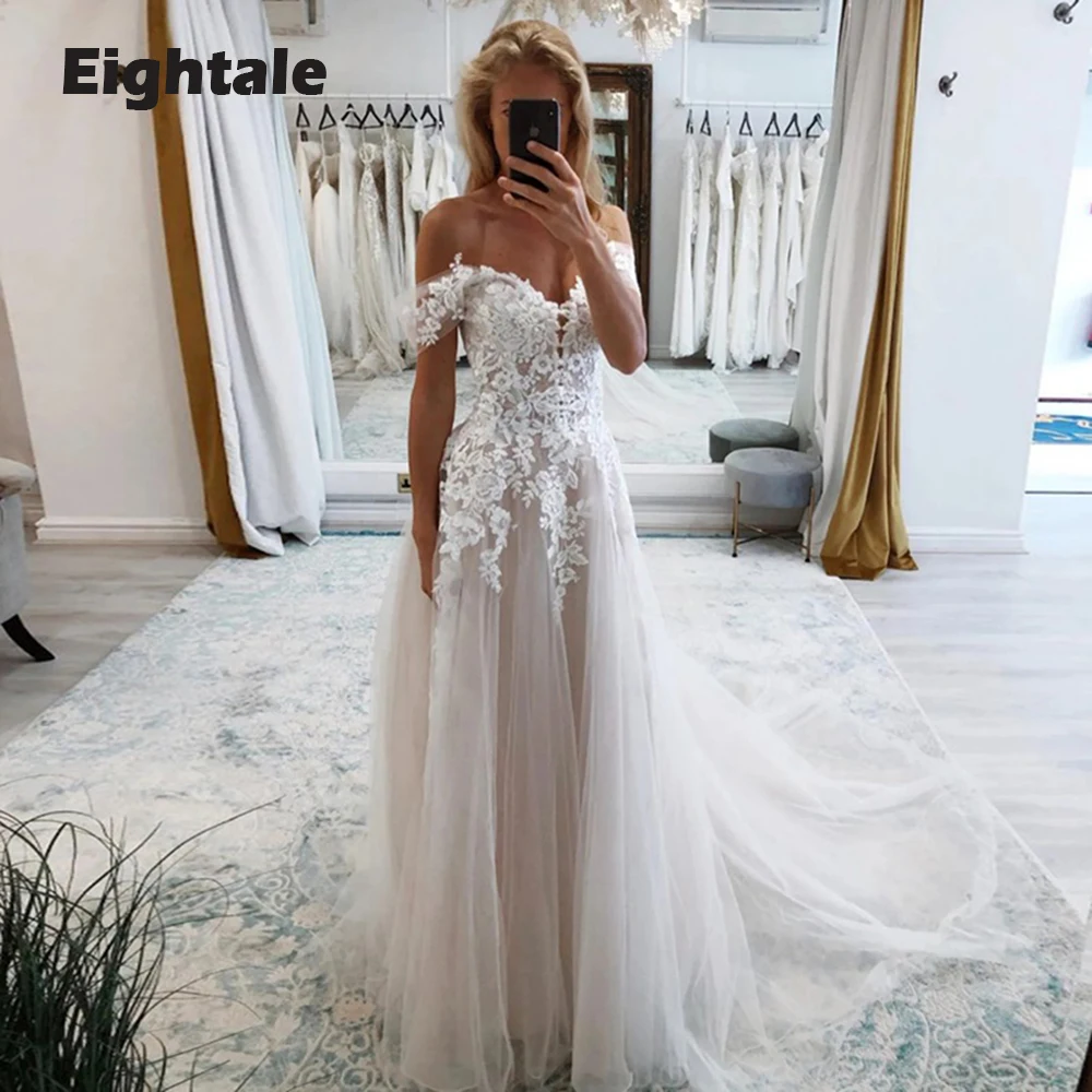 

Eightale Vintage Wedding Dresses Boho Sweetheart Off the Shoulder Beach Lace White Ivory Country Bridal Gowns robe de mariée