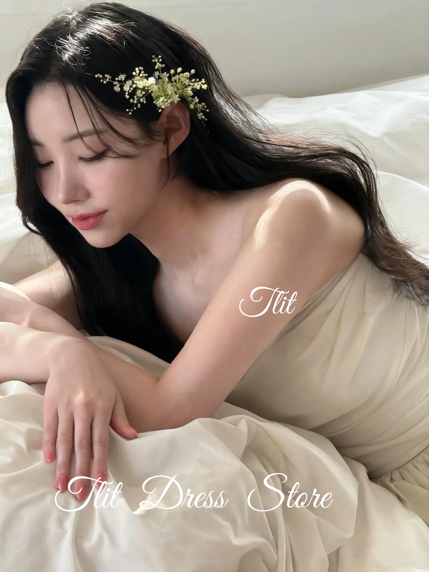 TLIT Elegant Ivory Silk Satin A-Line Wedding Gown Customized Strapless One Shoulder Bridal Gown Korea Wedding Dress Photos Shoot