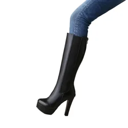BLXQPYT Womens Designer Boots Leather Round Toe Zip Knee High Boots High Heels Gothic Shoes Fashion Sexy Super Big Size 50 702