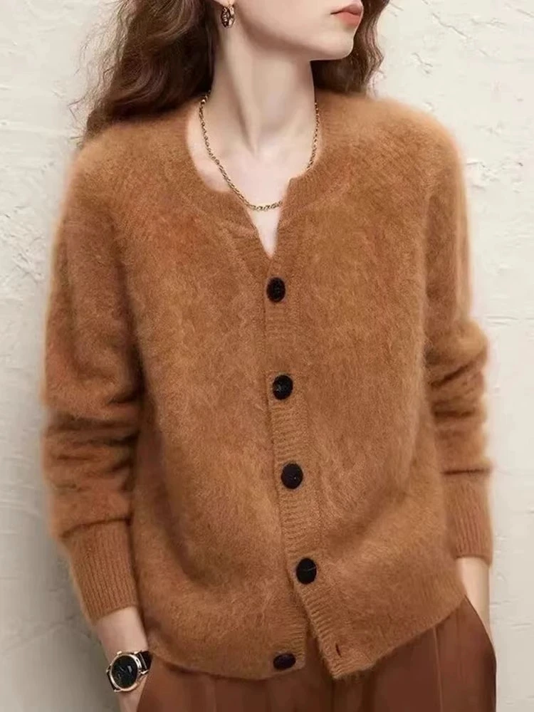 New In Stock Autumn Winter Imitation Mink Knitted Sweater Coat Chic Women Single Breasted Soft Mohair Loose Brown Cardigan Tops