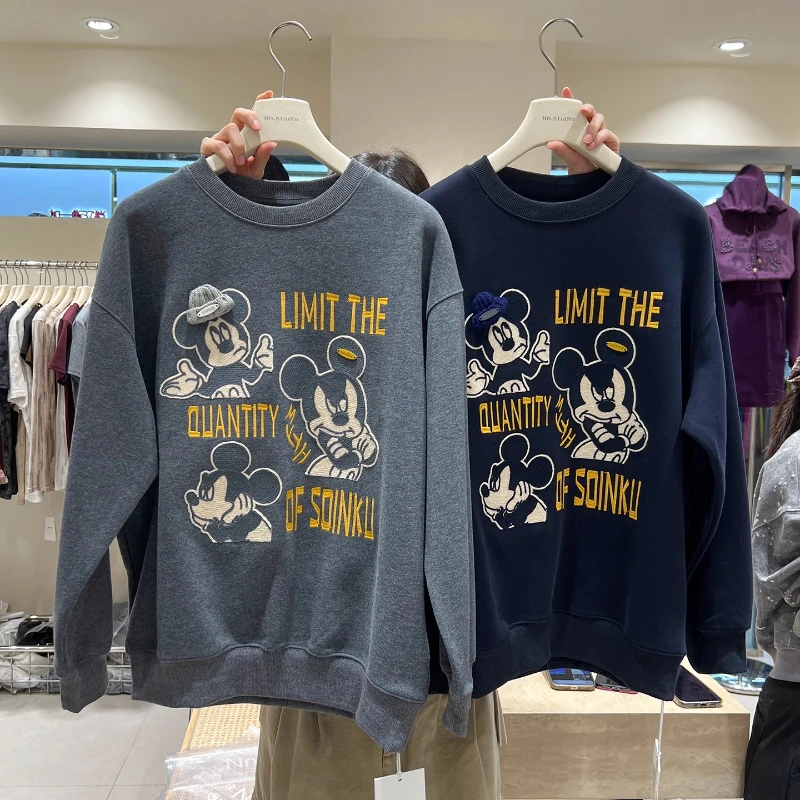 Loose Oversized Sweatshirt For Women's 2025 Autumn Winter Cartoon Embroidery Stylish Youthful Round Neck Pullover Hoodies Ladies