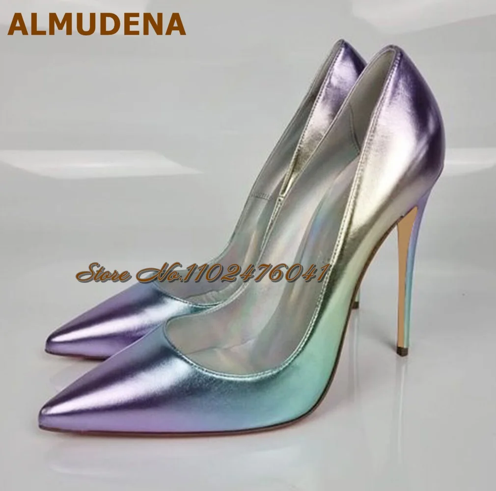 

ALMUDENA Purple Gold Blue Gradient Colorized Shallow Pumps Women Sky High 12cm Irregular Cut Bride Shoes Evening Footwear Size45