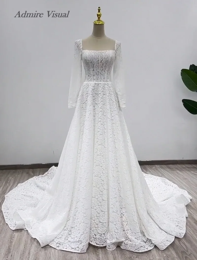 

New Arrive Wedding Dress A-Line Lace Square Collar With Full Sleeves Customized Bride Gowns Vestidos De Novias