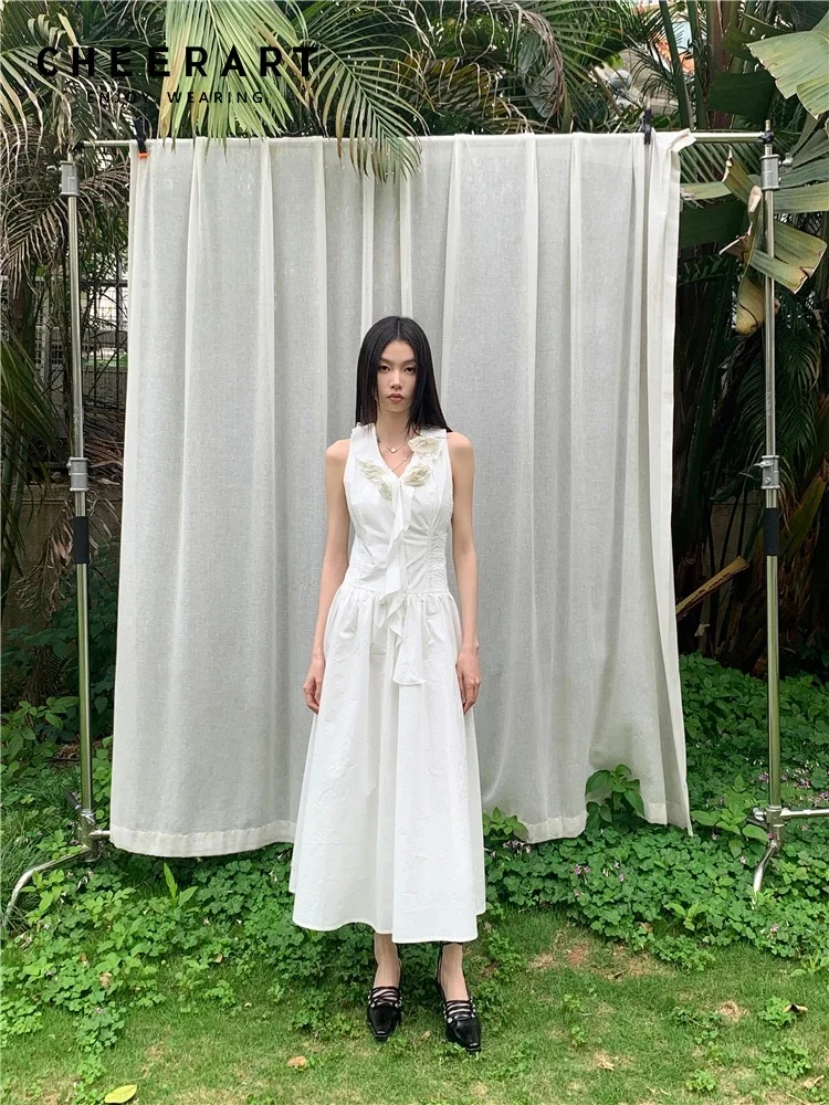 CHEERART Designer White Sleeveless Long Dresses Summer 2024 Woman Ruffles V Neck A Line Midi Dress Women Clothing