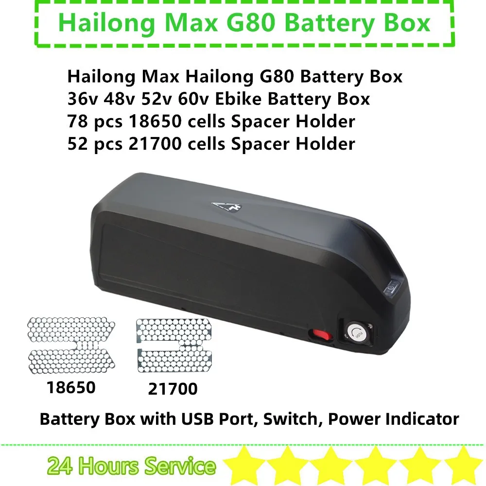 

78 pcs 18650 cells 52 pcs 21700 Cells Ebike Battery Box Hailong Max G80 with USB Port 36v 48v 52v 60v with Cells Spacer Holder