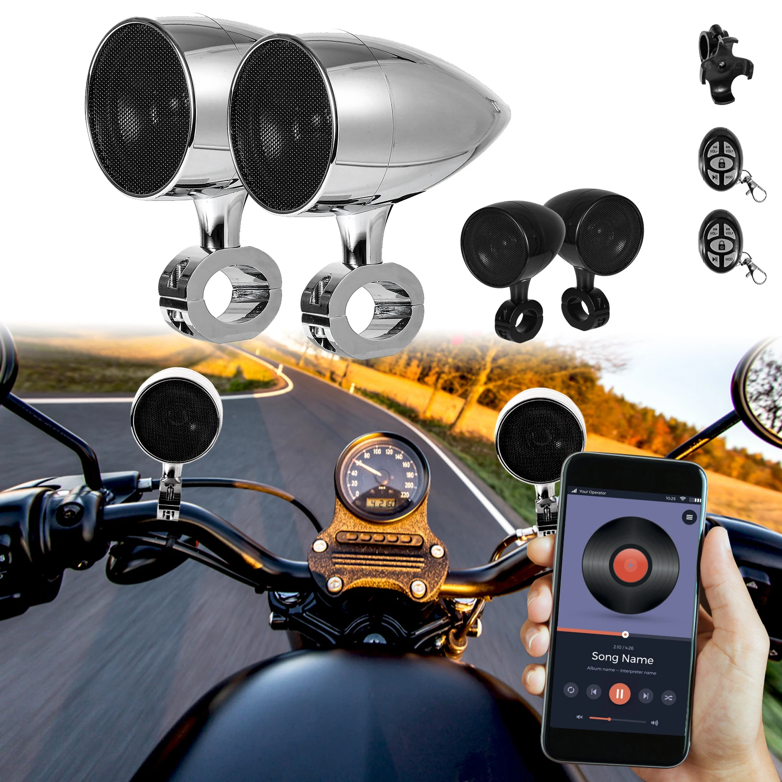 

Универсальная аудиосистема для мотоцикла с дистанционным управлением, Bluetooth-музыкальный динамик для защиты руля 26-33 мм, поддержка MP3/WMA/WAV