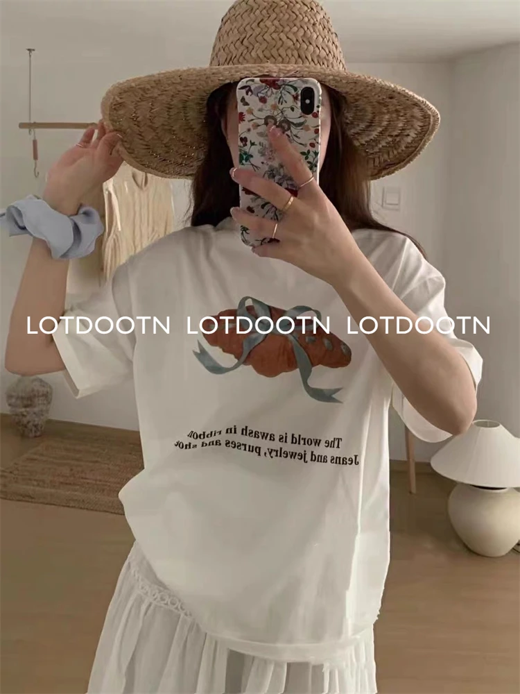 LOTDOOTN Y2k Graphic Tshirt Pure Cotton Tops Croissant Print Korean Female Kawaii Cartoon Harajuku T-shirt Unisex Clothing Women