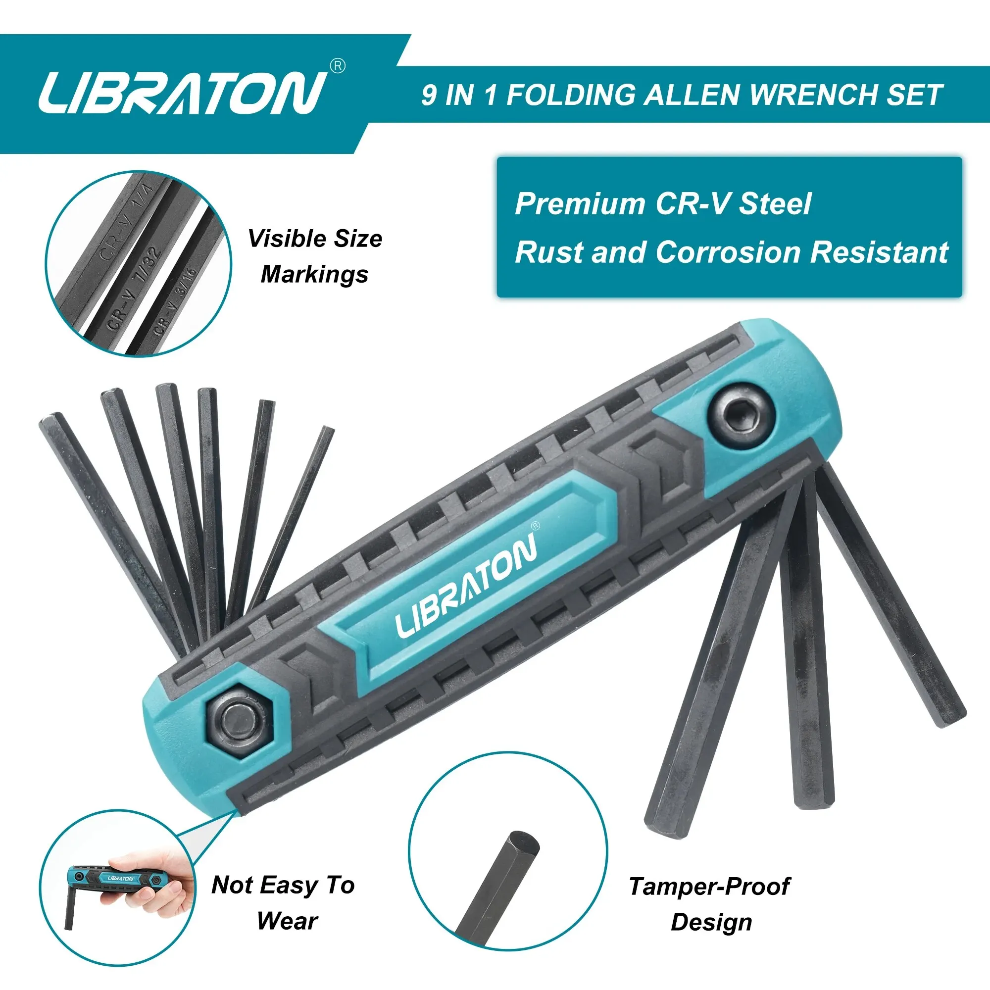 LIBRATON 9 In 1 Folding Allen Wrench SAE Allen Key Set Hex Key Set Portable Hex Wrench for Basic Home Repair General Application