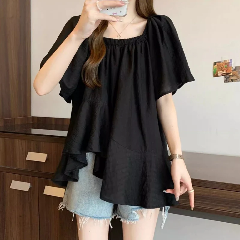 French Style Irregular Super Fairy Short Sleeves Cotton Linen Shirt for Women\'s Summer New Loose Slimming Belly Covering Top