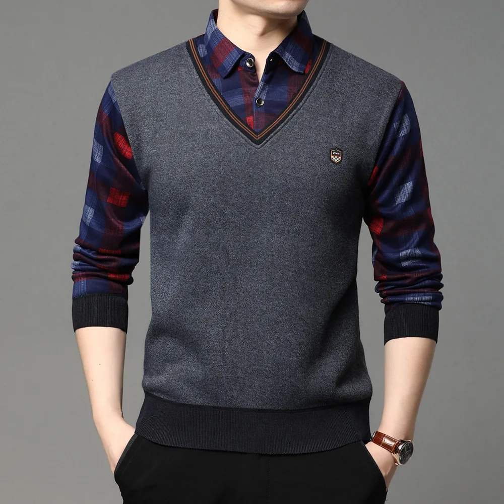 SHiONFA Herbst Winter Herren Langarm Pullover Shirts Gefälschte Zwei Stücke Pullover Fleece Dickes Hemd Gestrickte Casual Kleidung 4XL – Detail 22