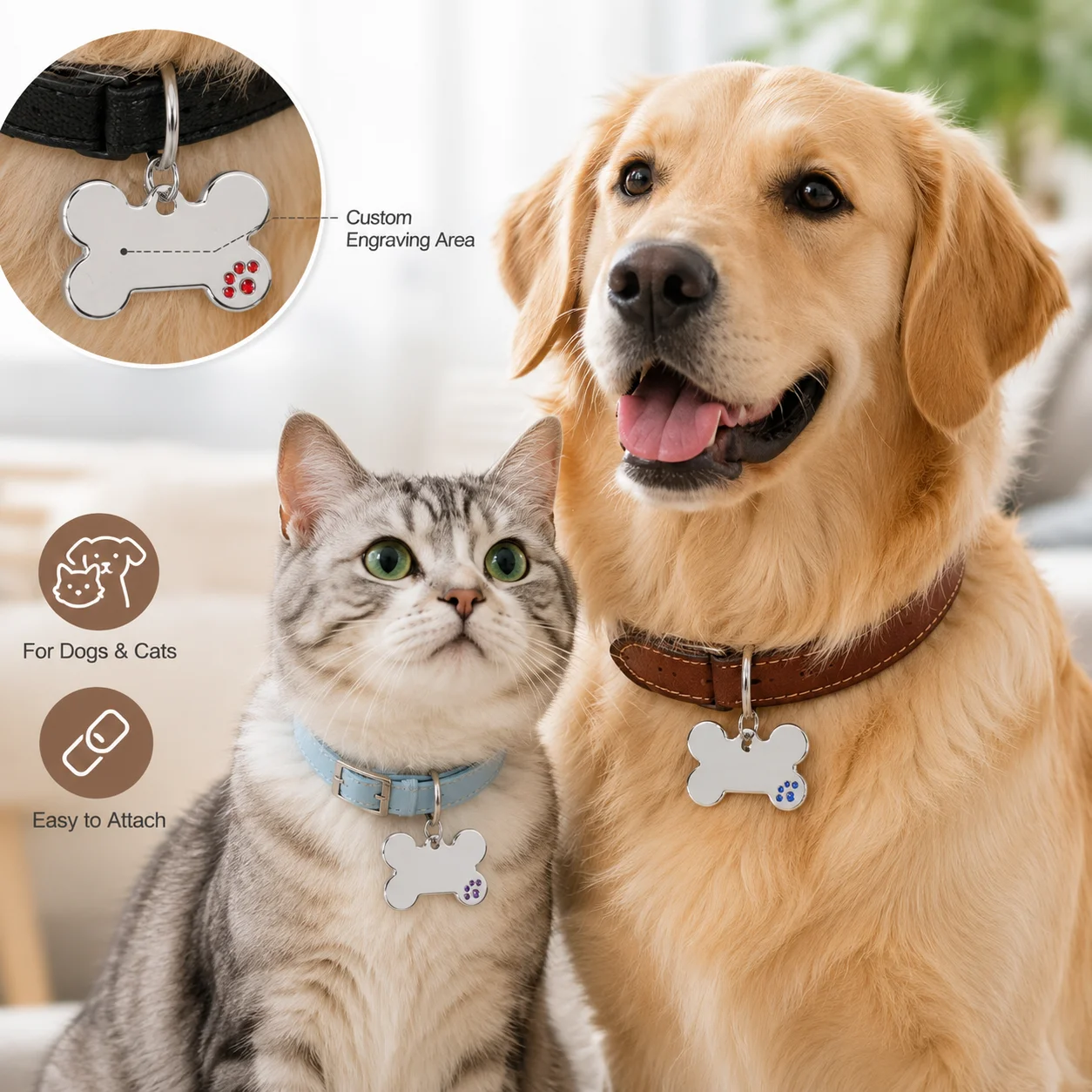 Custom Text Dog Tag, Laser Engraved Address and Number, Anti-Loss Steel Name Dog Tag, Paw Print Personalized Name Pet Tag
