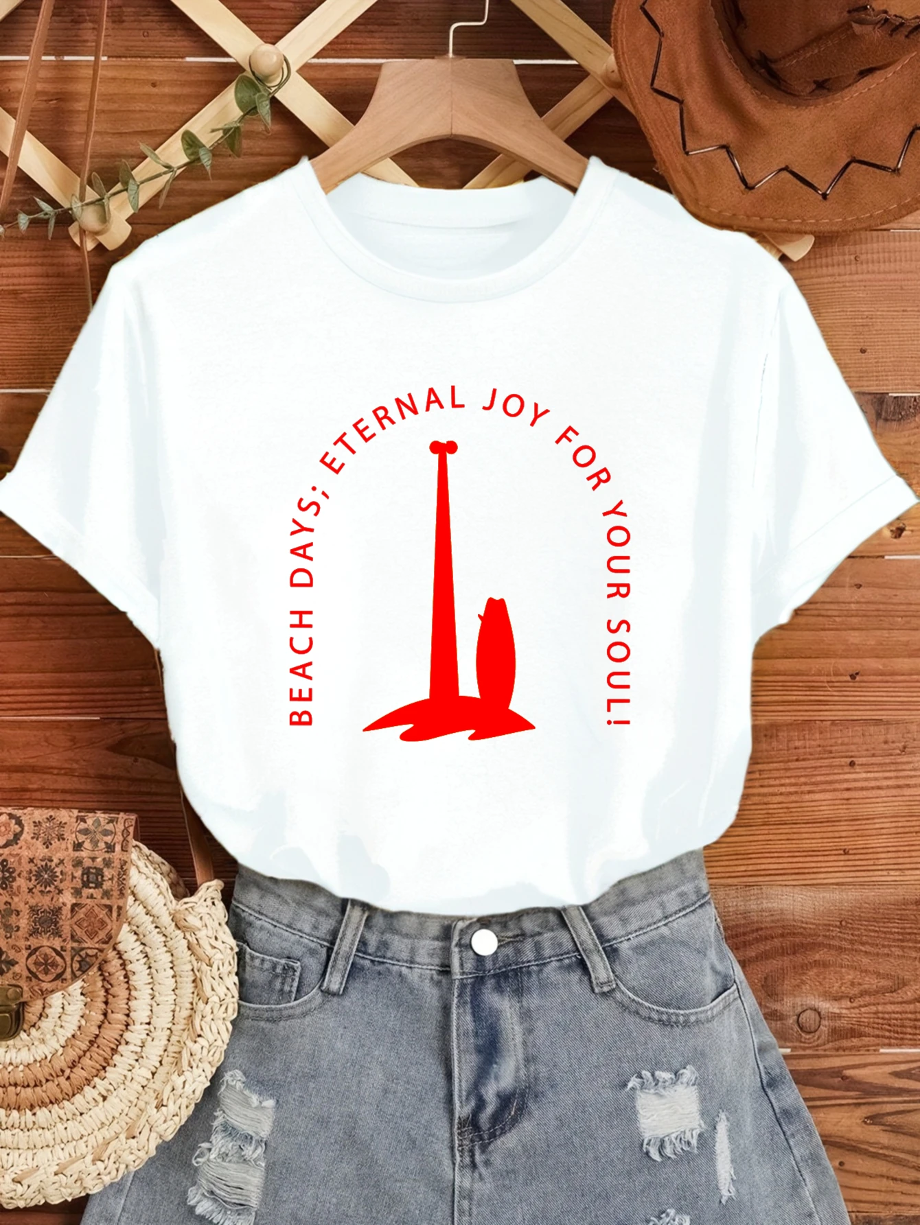 

Women's T-shirts Chinese style Running Casual Casual 100% cotton Beach Days Eternal Joy printed tee t shirt for women