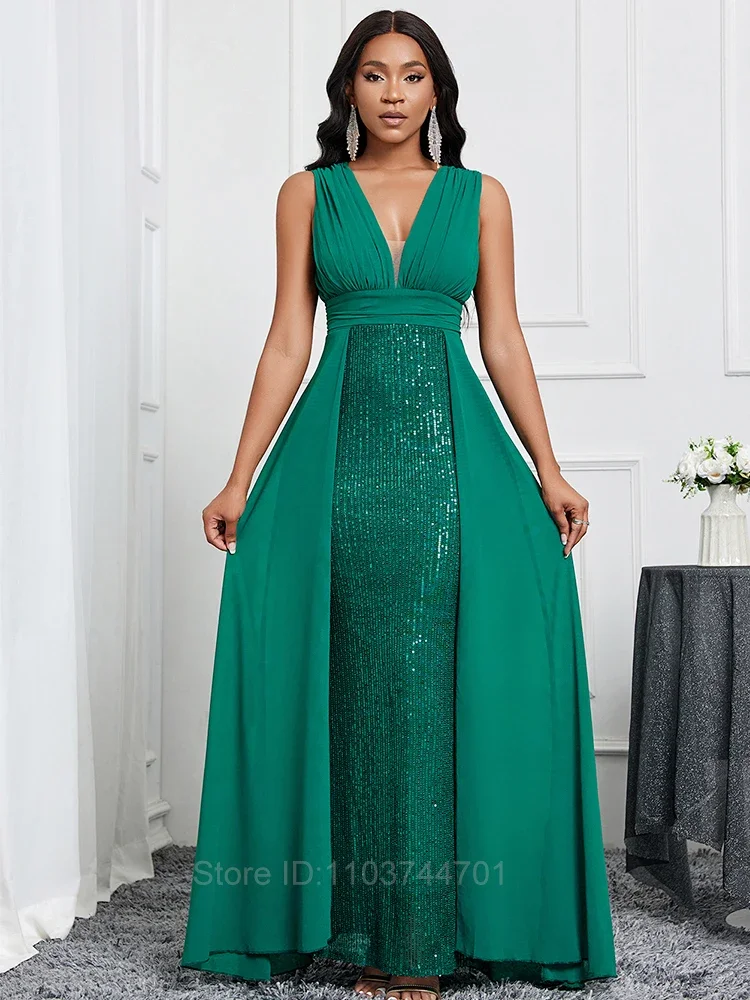 Sexy senza spalline paillettes Pacthwork Maxi abito plissettato donna verde senza maniche Backless drappeggiato Slim abito lungo da sera