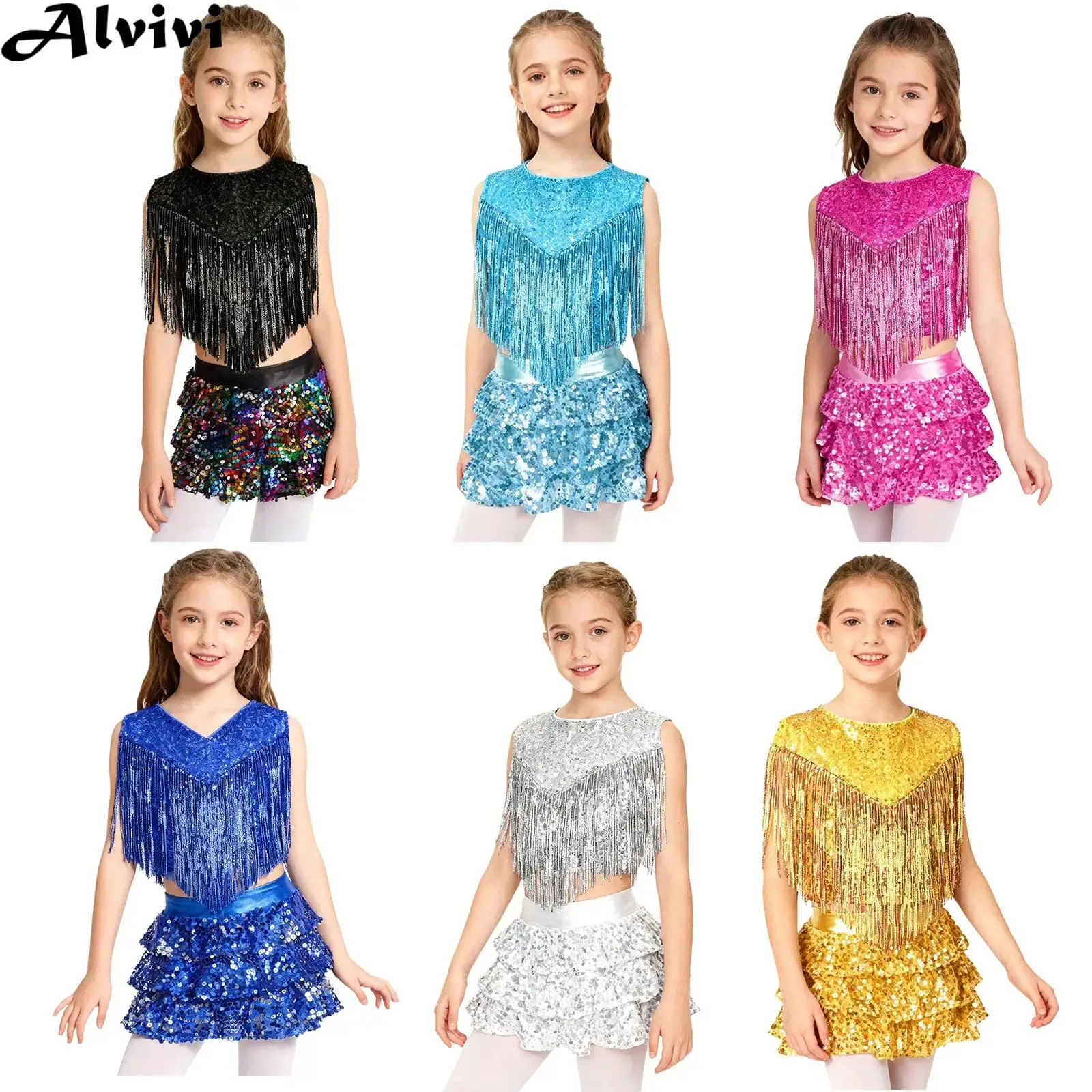 

Детский костюм для джазовых танцев для девочек, костюм для дискотеки 70-х годов, укороченный топ с металлическими блестящими пайетками и кисточками-кюлотами для карнавальной вечеринки на Хэллоуин