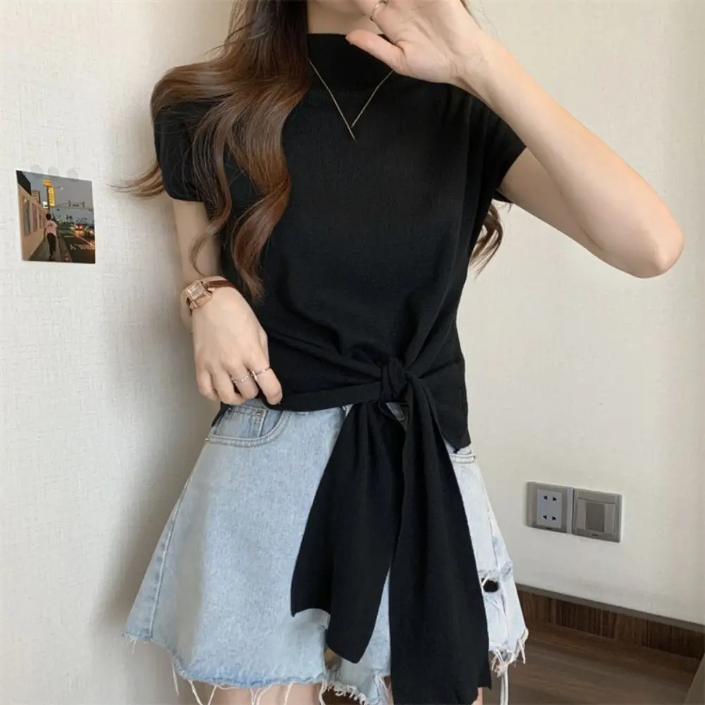 

Футболка на шнуровке с коротким рукавом Kintwear Chic Y2K, укороченный топ, женская простая нижняя рубашка, футболки с высоким воротником, летний топ