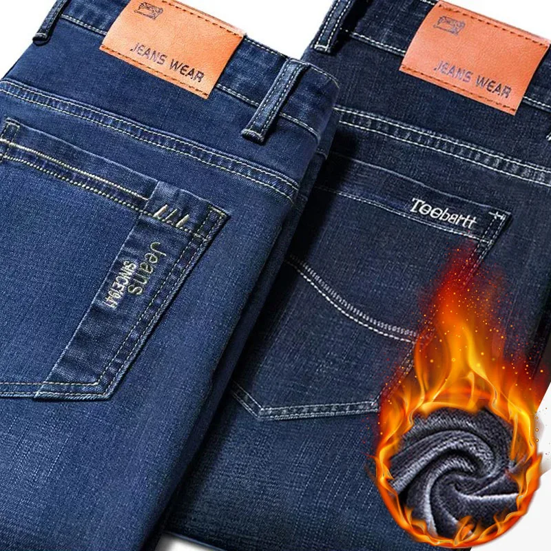 Male Winter Thermal Thick Fleece Straight Jeans Stretch Washed Pants Fashion Pockets Soft Comfort Warm Business Casual Trousers