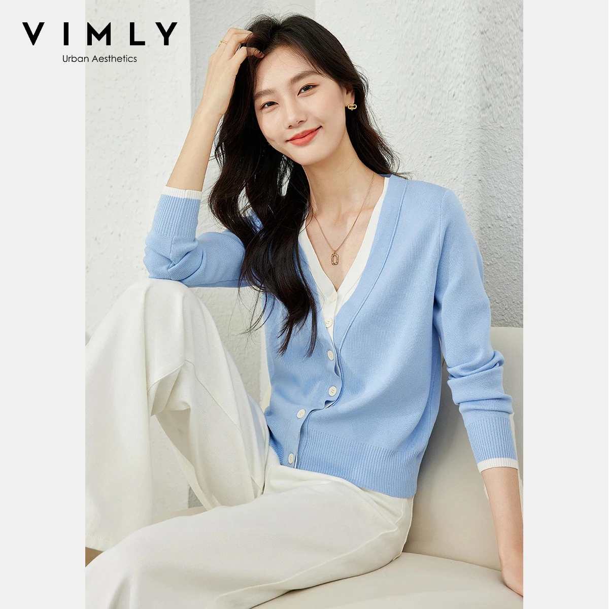 

VIMLY Color-Block Fake Two-Piece Cardigan Women 2025 Autumn Casual Soft Loose Tops Commute Versatile V-neck Sweaters Woman 72856