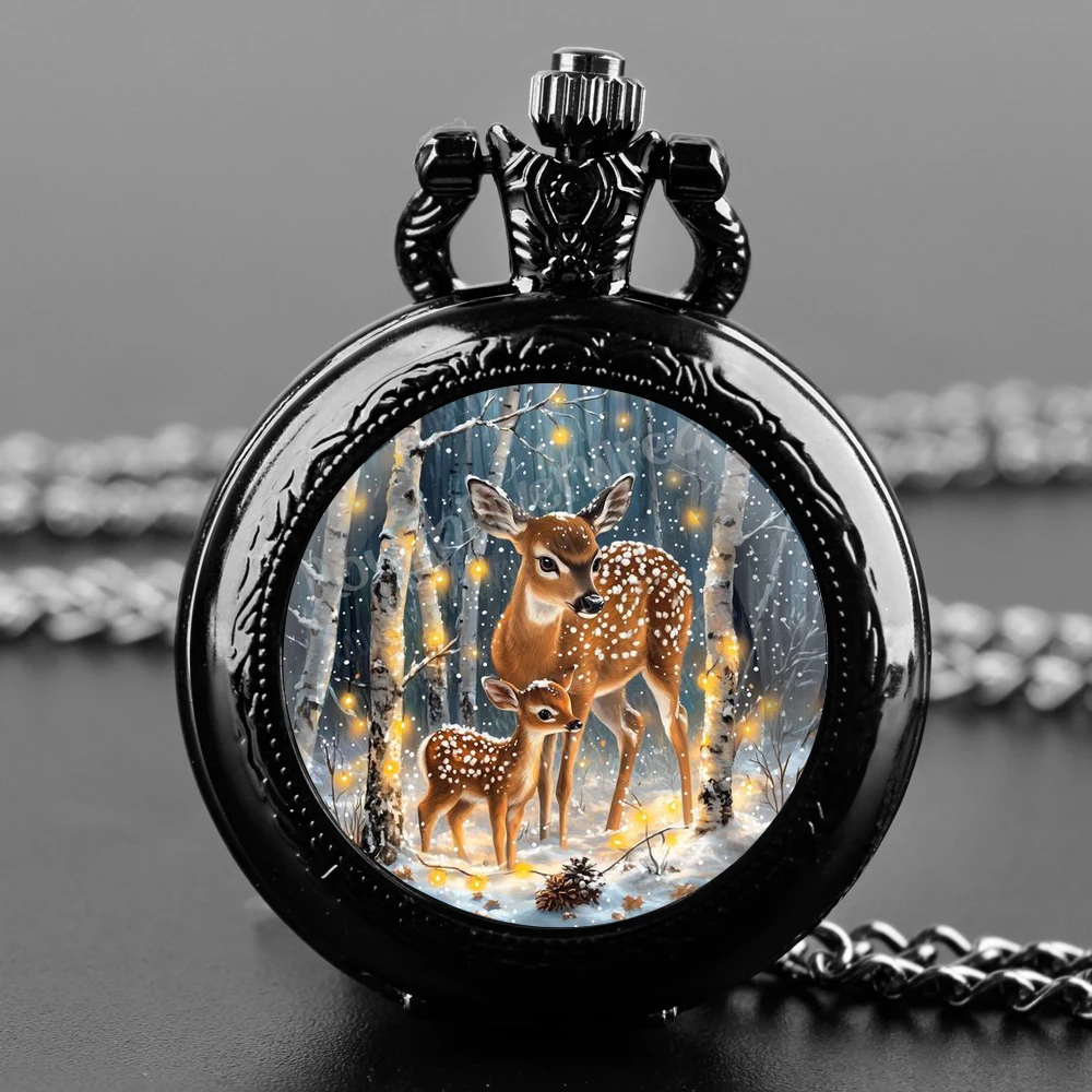 

Parent-offspring Deer Glass Dome Quartz Pocket Watch With Durable Chain Arabic Numeral Dial Creative Gifts for Men Women