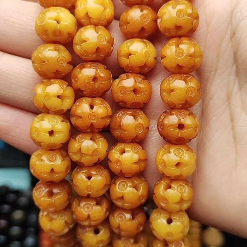 Oil-Smooth Bone Yellow Hollow Beads 108 Pieces Necklace 12Mm