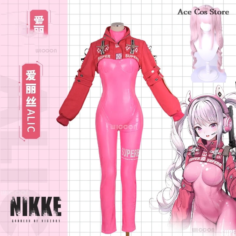 Nikke De Godin Van De Overwinning Alice Cosplay Roze Jumpsuit Kostuum Pruik Sexy Uniform Voor Meisjes Vrouwen Halloween Feest Vermomming Meisjes