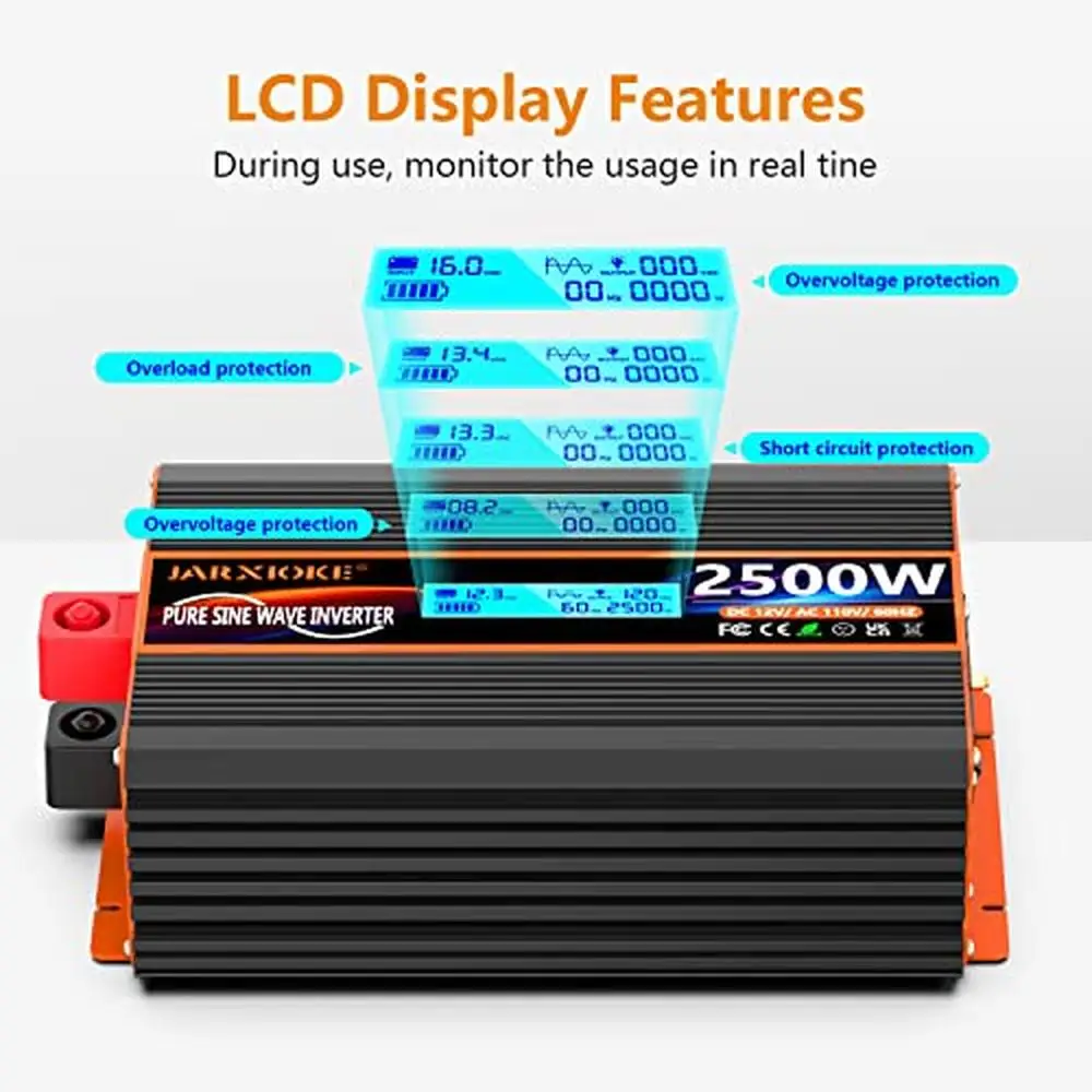 2500W Pure Sine Wave Power Inverter 12V DC to 110V 120V RV Solar System Car Type-C 3 AC Ports Remote Control Family Off Grid