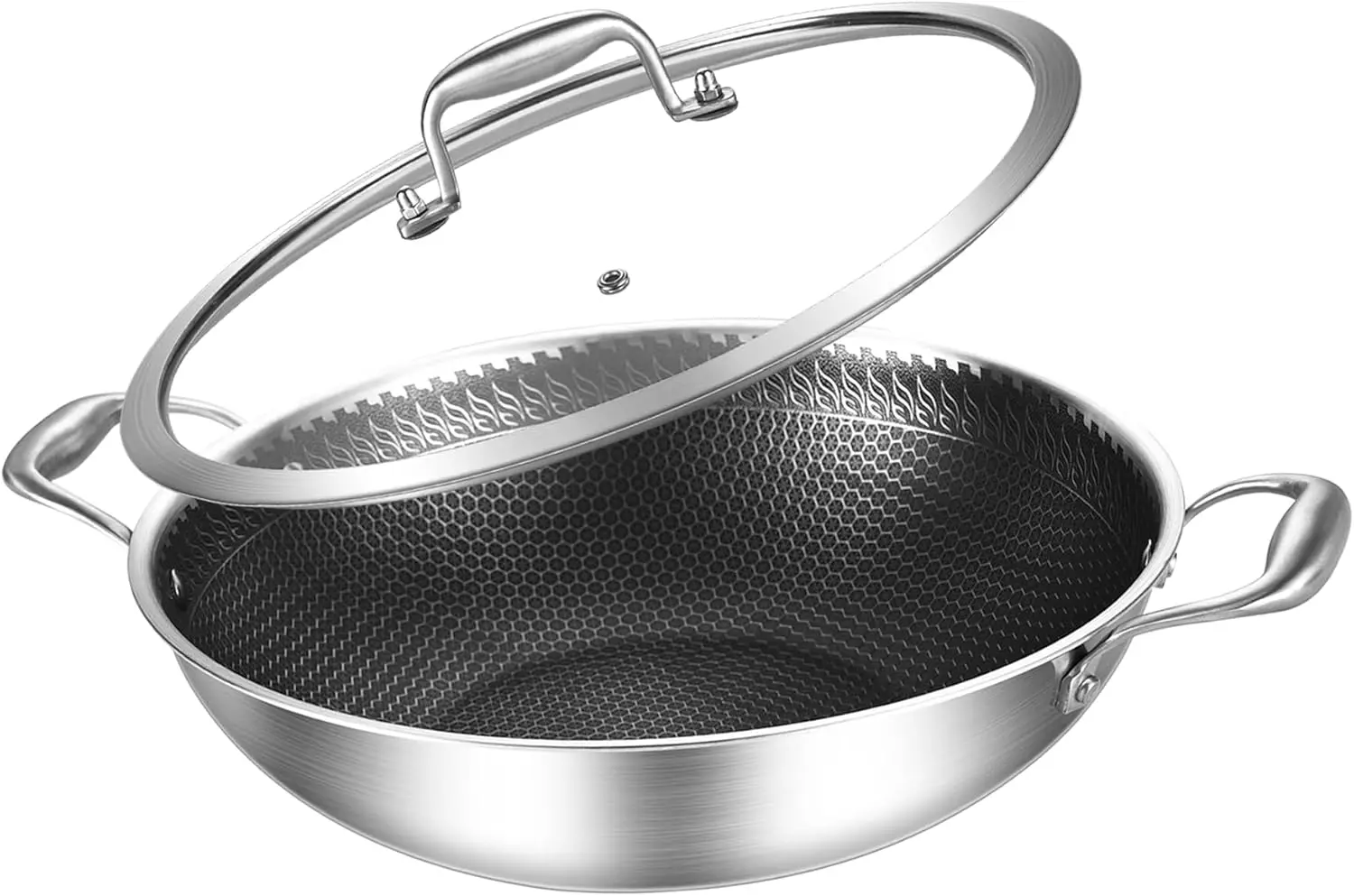 Stainless Stee 13 Inch Wok Pan With Lid,woks & stir-fry pans nonstick,Tri-Ply Stainless Steel Wok, non stick wok Saute Pan