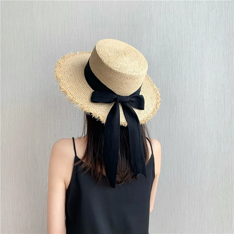 Korea Natural Raffia Wide Birm Sun Hat Daily Casual Falt  Straw Hat Black White Bow Weave uv blocking Beach Hat Vacation Panama