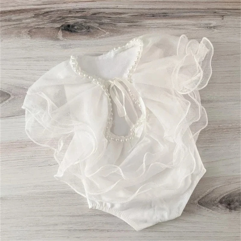 0-2 Months Baby Photography Clothing White Fairy Romper With Lace Pearls Newborn Girl Photo Shoot Costumes Ruffles Chiffon