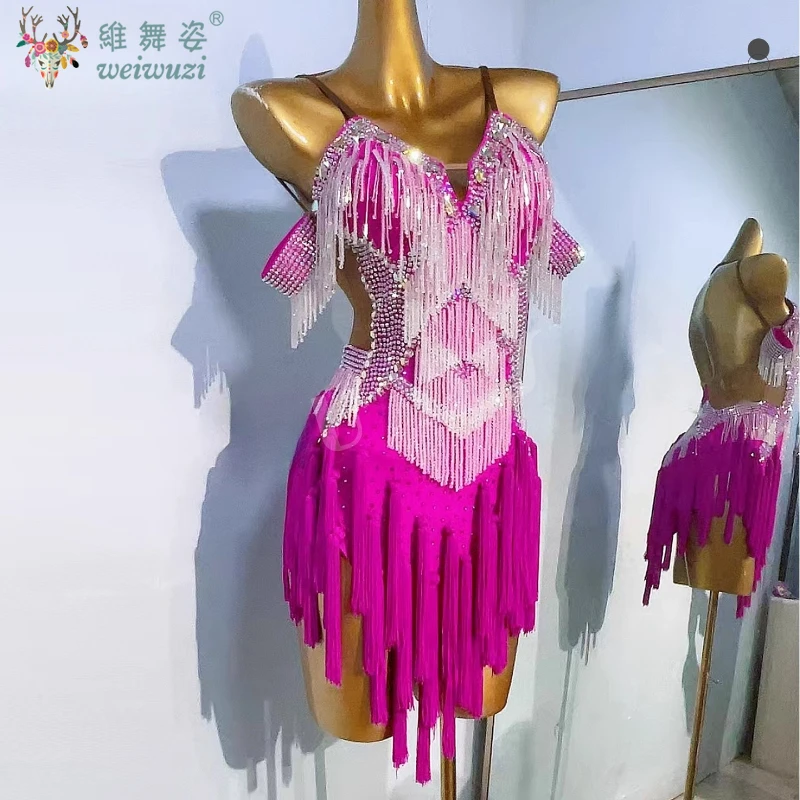 

Latin Dance Costume Rhinestone Women's High-end Custom Crystal Splicing Tassel Suspender Samba Rumba Dance Performance Dress