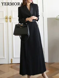 YERMORA Elegant Trench Women Notched Long Sleeves Double Breasted Gathered Waist Solid Color Belt Windbreaker New