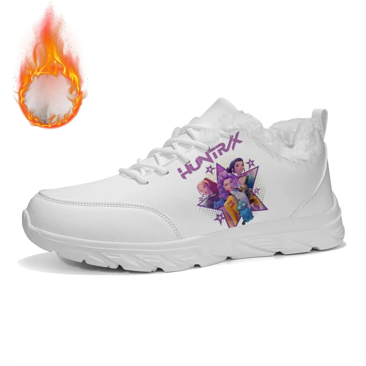 

White Fur-Lined Sneakers with Cartoon Characters Women Winter Casual Shoes New Moccasins Soft Flat Non-slip Loafers Men