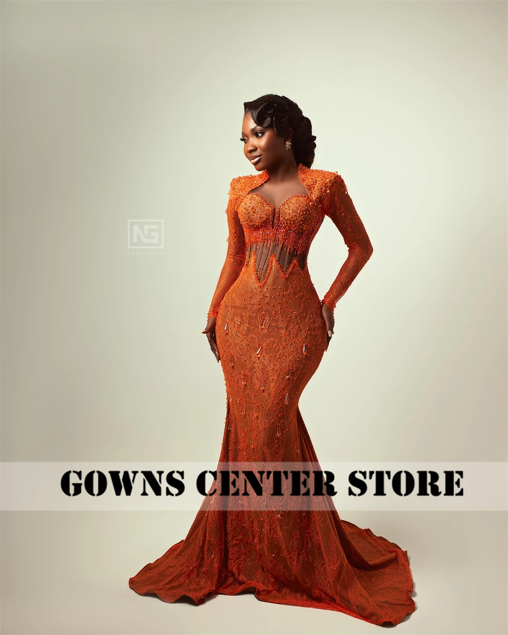 African Orange Lace Aso Ebi Evening Dresses Long Sleeves Backless Beaded Rhinestones Lace-up Mermaid Wedding Party Prom Dress
