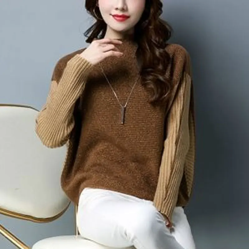 Female Clothing Batwing Sleeve Loose Sweaters Vintage Half High Collar Autumn Winter Stylish Casual Patchwork Knitted Jumpers