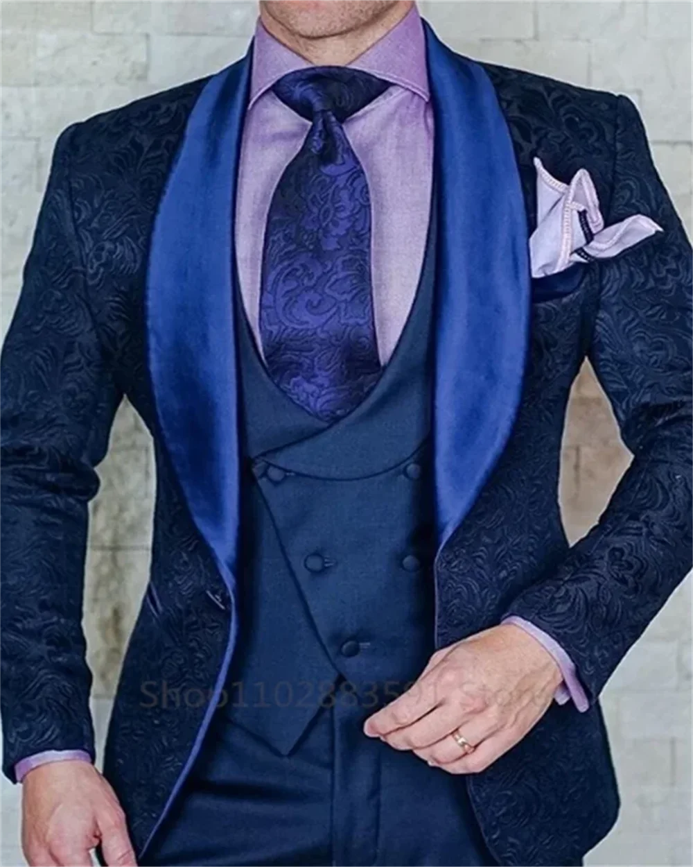 黒のジャカードタキシード,3ピース,男性用チョッキ,ベストとパンツ,スリムフィットのショールとラペル,結婚披露宴用