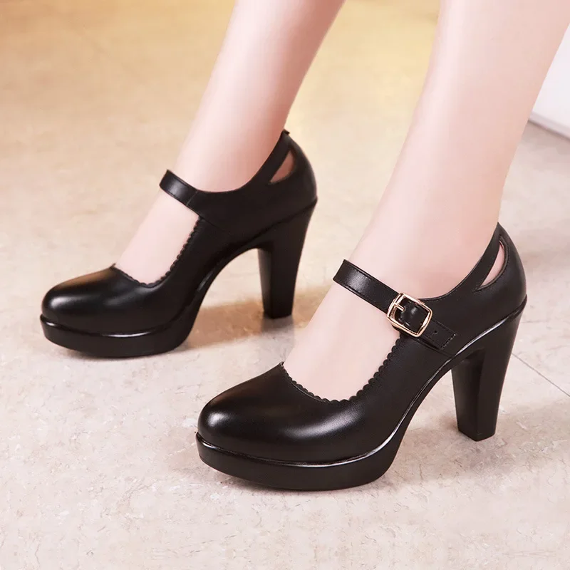 Big Size 32-43 Block Heel Platform Shoes Women Pumps 2024Black Mary Janes Soft Leather High Heels Office Party Dress Shoe