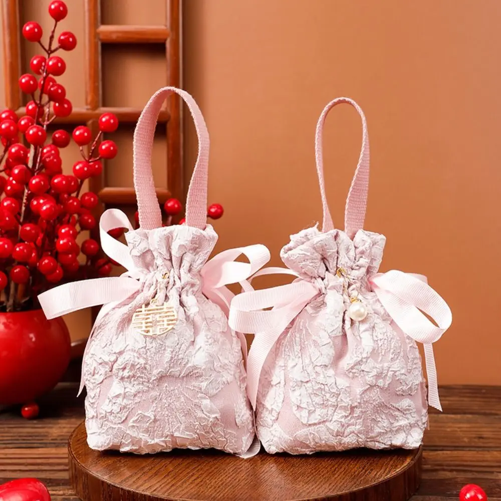 Cloth Wedding Candy Bag Drawstrin Design Embossed Flowers Engagement Gift Packing Bag Chinese Style Wedding Souvenir Bag