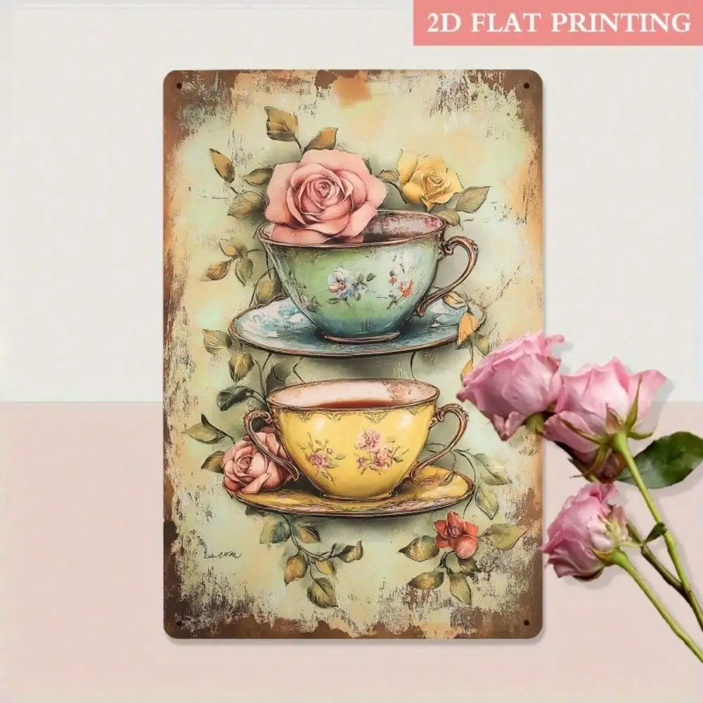 Vintage Teetassen-Metallwandkunst mit Blumendesign als Dekoration für Zuhause und Küche