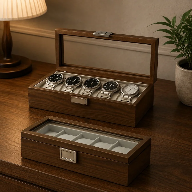 Black Walnut Wood Storage Box for 6 Watches, Elegant Display Organizer Case